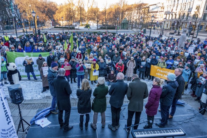 Publikum lytter til politikerne foran Stortinget